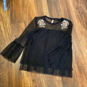 Xhilaration Black Sheer Embroidered Top